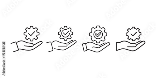 Hand holding gear with check mark line icons. concept of service, quality assurance, system testing and process validation