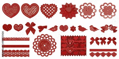 Collection of red paper cutouts featuring hearts birds and floral shapes
