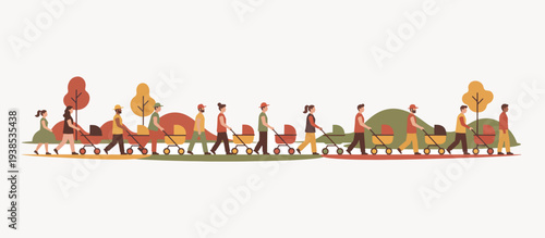 Parents pushing baby strollers in a park. Flat design vector illustration. Group of people walking with carriages. Outdoor activity and parenting concept