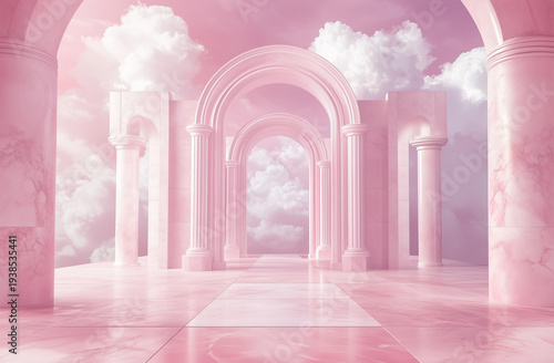 Ethereal Pink Marble Arched Gateway With Classical Columns and Dreamlike Cloudscape Architecture