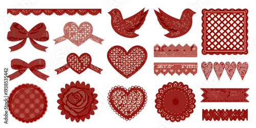 Collection of intricate red paper cut designs hearts birds and florals