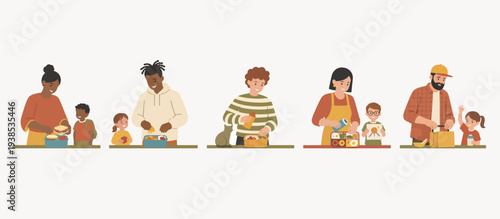 Parents packing school lunchboxes for children. Flat design vector illustration. Diverse families preparing healthy meals. Isolated on light background