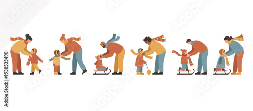 Parents tying winter scarves for children. Flat design vector illustration. Winter clothing and childcare concept. Diverse families preparing for cold weather