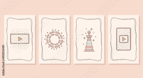 Abstract Tarot Cards with Play Button, Chess Piece, and Circular Design
