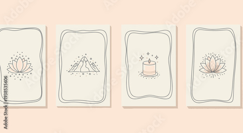 Boho Line Art Cards: Lotus Flower, Mountain, Candle, Abstract Designs