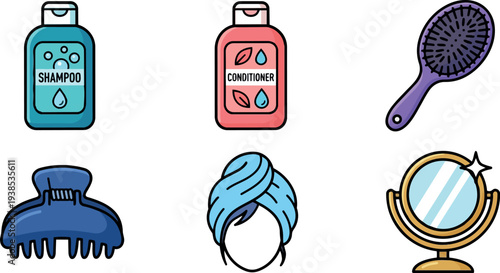 Flat design colorful haircare icons showing blue shampoo bottle, pink conditioner, purple brush, navy clip, turban, gold mirror vector