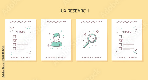 UX Research Concept: Surveys, User Profile, Magnifying Glass on Yellow Background
