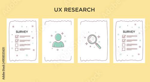 UX Research Concept: Surveys, User Persona, Magnifying Glass on Yellow Background