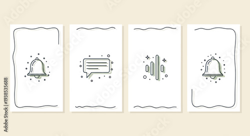 Notification Icons: Bell, Chat Bubble, Sound Waves on White Background