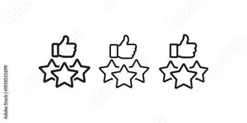 Customer satisfaction rating icons with thumbs up and star symbols representing positive feedback quality service and user experience on white background