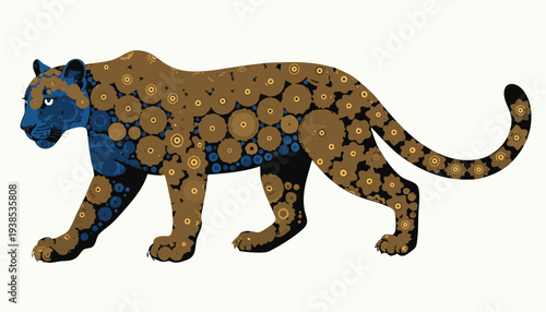 Stylized jaguar illustration with intricate patterned fur, abstract mechanical gears in gold and blue, isolated on white.