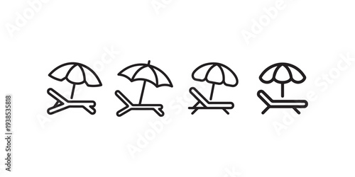 Set of stylized icons representing beach chairs and umbrellas in outline style on a white background