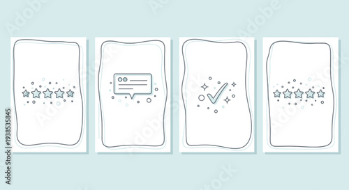 Customer feedback review with stars, speech bubble and checkmark icons.