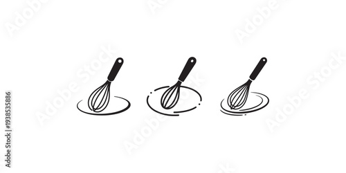 Three whisk and liquid splash icons in a row, graphic design element for kitchen tool and cooking utensil, mixing process illustration