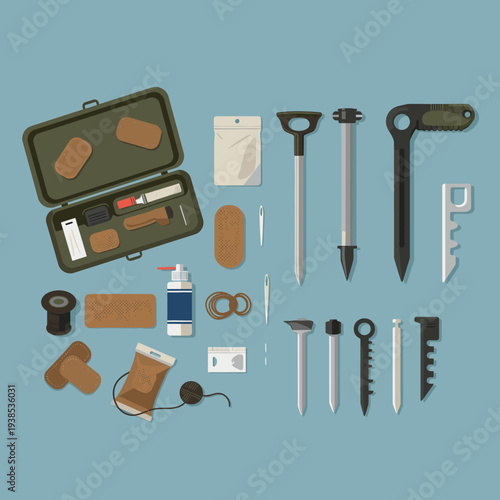 A collection of camping and outdoor survival gear, including a first-aid kit, tent stakes, and other essential tools, laid out on a blue background.