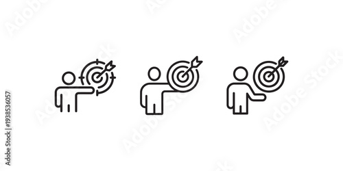Set of minimalist linear icons showing person aiming at target board representing business goal achievement strategy and professional success milestones