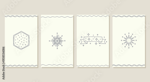 Set of Minimalist Line Art Icons with Stars, Sparkles, and Geometric Shapes on Cream Background