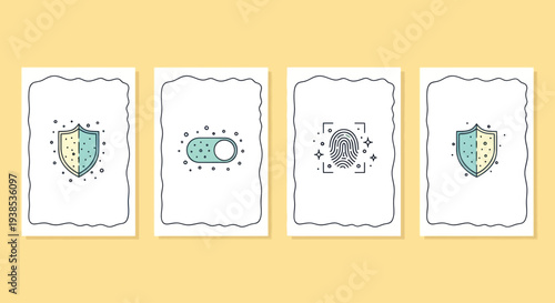 Security Icons: Shield, Toggle Switch, Fingerprint Scan on Yellow Background