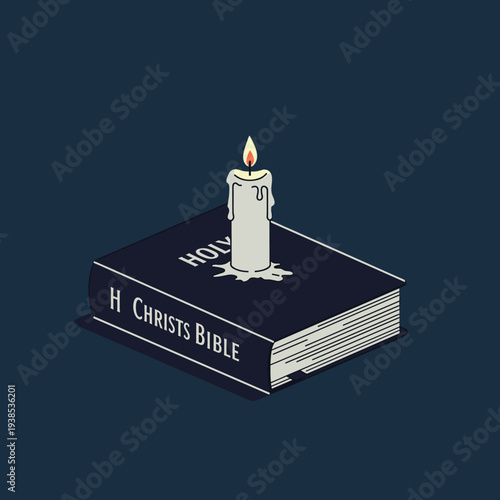 A lit white candle with melted wax resting on a dark blue book labeled "H Christ's Bible" and "HOLY" in an isometric view against a dark background.