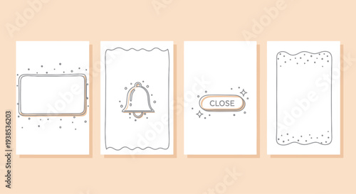 Set of four decorative notification templates with doodle elements, bell and close button
