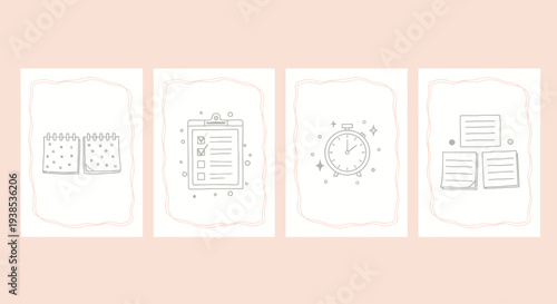 Planning and Organization Icons: Calendar, Checklist, Timer, Notes