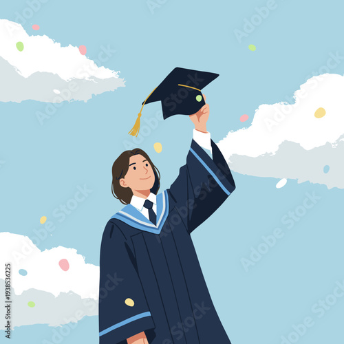 A smiling graduate in a cap and gown celebrating their achievement under a blue sky with confetti.