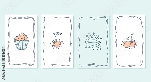 Cute Food Illustrations: Cupcake, Cherries, and Whipped Cream Cards