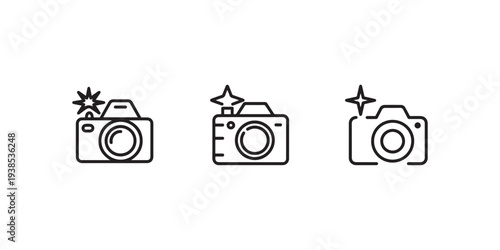Camera icons with flashes and sparkles symbolizing photography, capturing moments, and professional photo shooting for memories