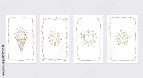 Minimalist Greeting Cards with Ice Cream, Heart and Sparkle Icons