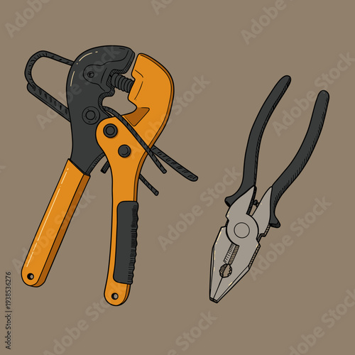 A detailed illustration of an orange and black crimping tool with wires, alongside a pair of grey and black combination pliers on a brown background.