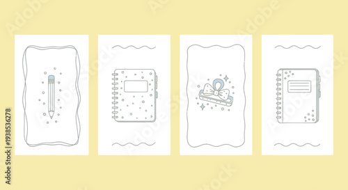Creative Notebook Covers and Stationery Icons: Pencil, Eraser, Binder Clips