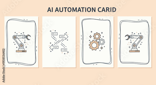AI Automation Card Set: Robot Arm, Gears, Workflow Icons