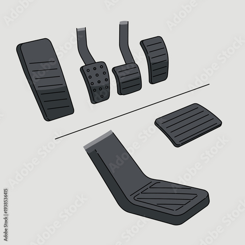 Illustration of various car pedals and footrests, including accelerator, brake, and clutch pedals in different designs.