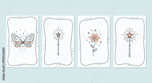 Cute Minimalist Line Art Illustrations: Butterfly, Flower, Magic Wands