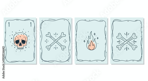 Tarot Cards with Skull, Bones, and Fire Illustrations on Light Blue Background