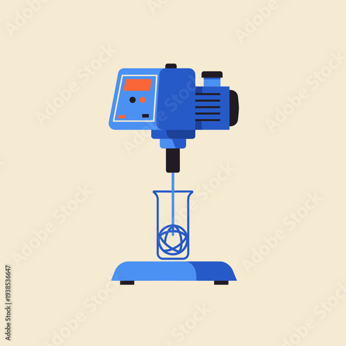 Blue laboratory overhead stirrer mixing liquid in a beaker, scientific equipment.