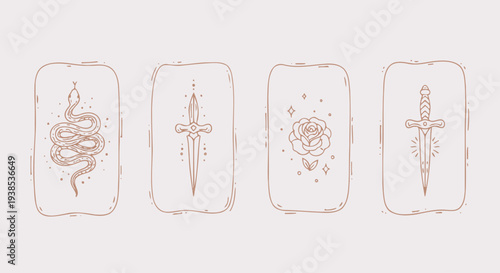 Esoteric Tarot Card Designs: Snake, Dagger, Rose, Sword