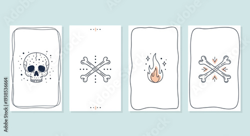 Minimalist Tarot Card Designs: Skull, Bones, Fire, and Symbols