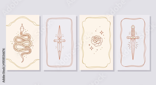 Esoteric Symbols: Snake, Dagger, Rose. Mystical Line Art Cards.