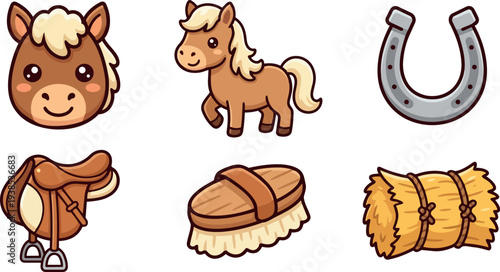 Cute cartoon vector pony icons set showing smiling pony head and full pony with saddle brush horseshoe hay bale view