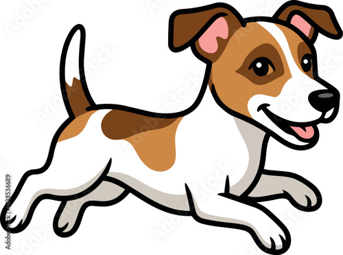 Flat design side profile jack russell terrier running with tongue out brown patches smiling looking at viewer isolated mascot playful