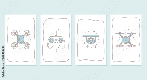Drone Technology, Remote Control, Camera and Quadcopter Icons on White Background