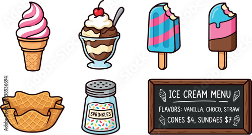 Flat design close up colorful ice cream cone, sundae, popsicles and waffle bowl with chalk menu, top view, bright pastel background
