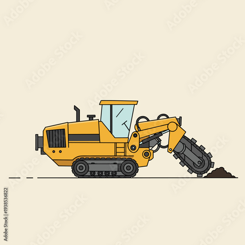 A yellow tracked trencher machine is digging a trench in the ground, with dirt being excavated.