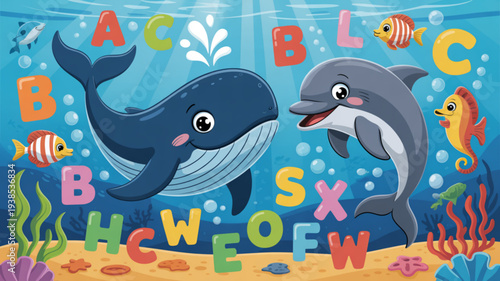 Cartoon whale and dolphin swim with alphabet letters and fish underwater in ocean