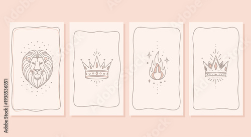Bohemian Line Art Icons: Lion, Crown, Fire, Stars on Cream Background