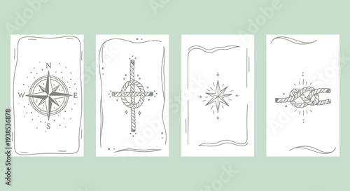 Nautical Symbols: Compass, Starburst, and Knot on White Cards