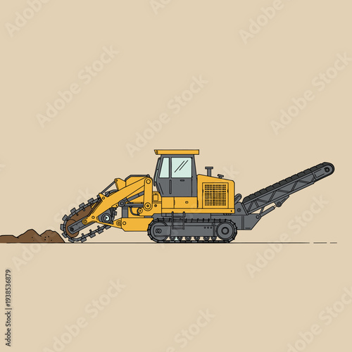 A yellow tracked trenching machine digging a ditch in the ground, side view illustration.