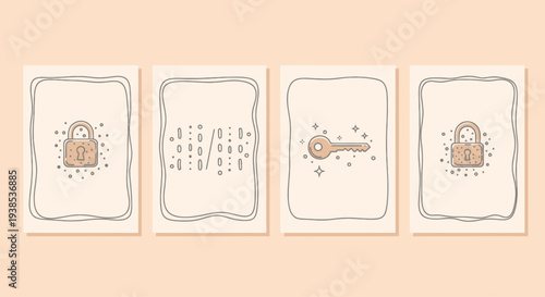 Digital Security Concept: Padlocks, Key, and Binary Code Icons