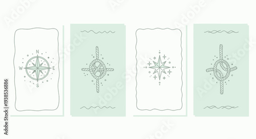 Nautical Compass and Rope Knot Icons Set, Marine Navigation Symbols